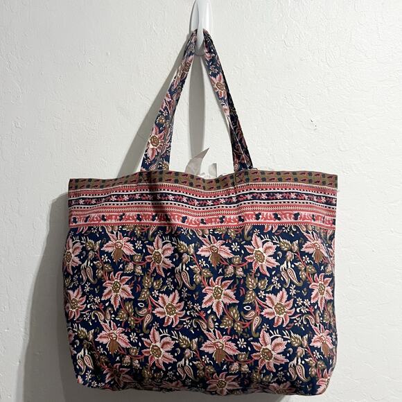 Sezane Sea Tote Bag Blue Paisley Boho Fleurs Fond Marine Large Floral Canvas - Picture 4 of 5